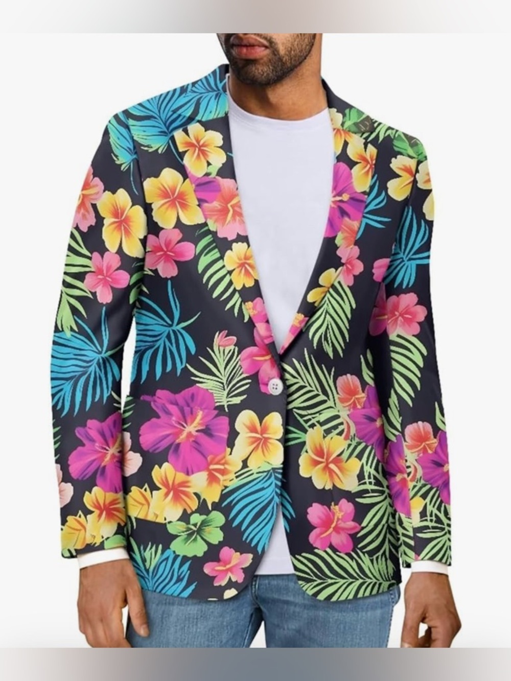 New-Large  festival Party Men's Black Tropical Floral Blazer Bold Hibiscus Print
